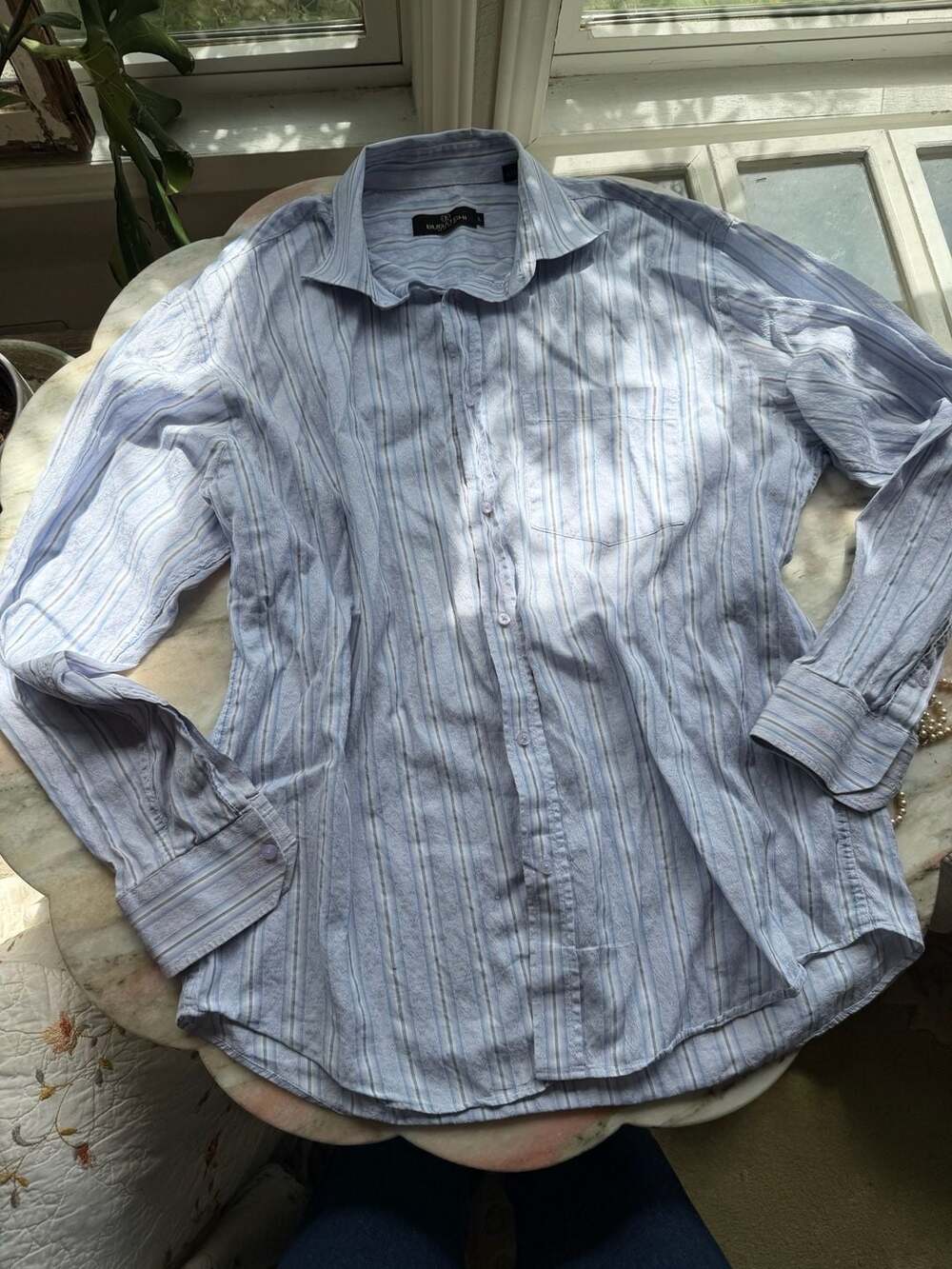 Bugatchi Uomo Blue Striped Textured Long Sleeve Button Down Shirt
